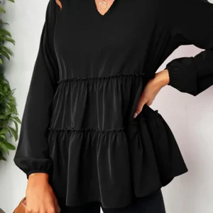 Zelenia - Blusa fluida con scollatura a V e maniche lunghe con volant