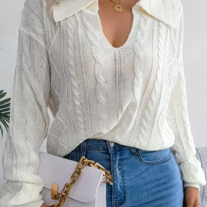 Zoe - Blusa elegante in maglia a maniche lunghe con scollo a U e colletto alto