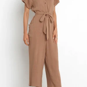 Yasley - Elegante Tuta Abbottonata a Maniche Corte con Scollo a V e Cintura