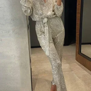 Sabrina - Tuta da donna con scollo a V e lustrini