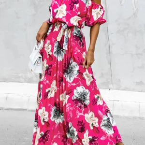 Avalon - Elegante abito floreale con spalle scoperte e cintura con fiocco