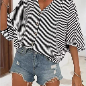 Addison - Blusa a righe con scollo a V, bottoni e maniche pipistrello
