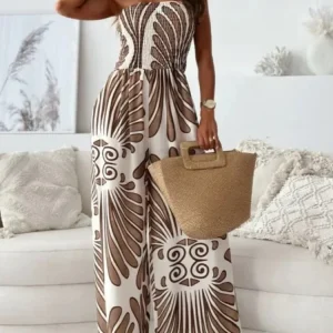 Daisy - Elegante tuta stampata senza spalline con gamba larga e corpino arricciato