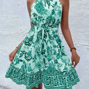 Billie - Vestito floreale senza maniche con collo halter e cintura annodabile