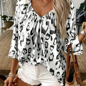 Xylaine - Elegante Blusa Larga con Scollo a V e Stampa Leopardata
