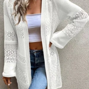 Irisha - Cardigan Casual in Maglia Traforata con Apertura Frontale