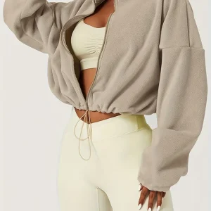 Emmeline - Giacca corta in pile caldo da donna con cerniera e coulisse