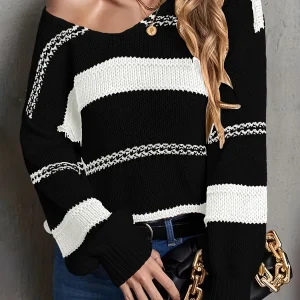 Sacha - Maglione Morbido a V a Righe con Vestibilità Ampia