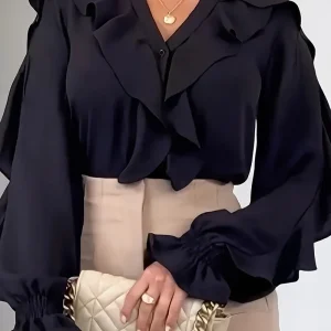 Diana - Elegante camicetta a maniche lunghe con volant e scollo a V