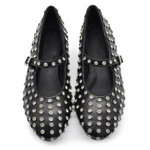 Mary Jane Ballerine con Cinturino Borchie e Strass Brillantini Punta Tonda in Pelle H90