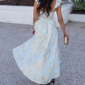 Abito stampato con maniche a farfalla e cravatta in vita