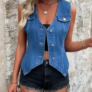 Wilma - Gilet in denim da donna senza maniche con scollo a V