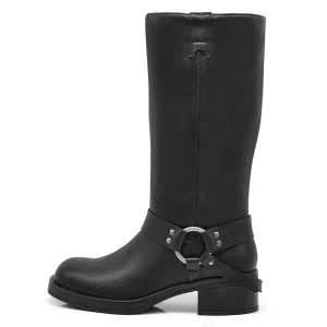 Scarpe Stivali da Donna Al Polpaccio Ginocchio Stile Biker Punk Rock Motociclista con Cinturino MP730