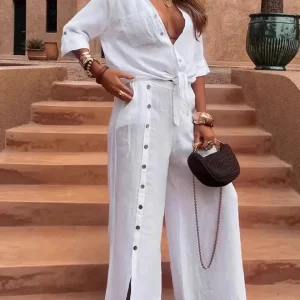 Averie - Completo casual con top abbottonato e pantaloni a gamba larga