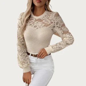 Annabelle - Elegante camicetta da donna con pizzo e maniche a lanterna