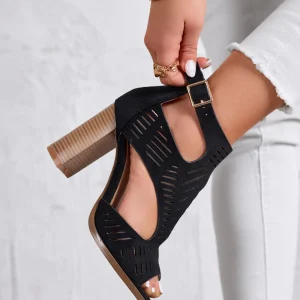 MILER - Sandali neri perforati con tacco largo effetto legno