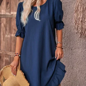 Abito smock solido con maniche a sbuffo e orlo increspato