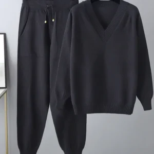 Zelvina - Set elegante composto da maglione caldo con scollo a V e pantaloni