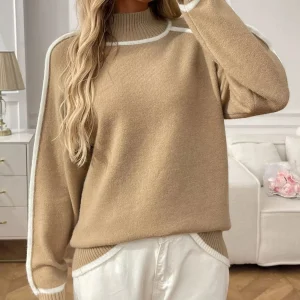 Adanna - Maglione elegante a maniche lunghe con collo alto e bordi a contrasto