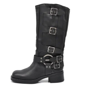 Scarpe Stivali da Donna Al Polpaccio Ginocchio Stile Biker Punk Rock Motociclista con Fibbia Multipla MP730-3