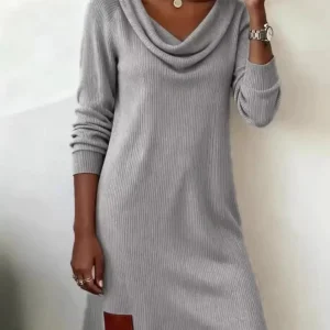 Aicelle - Abito mini casual in maglia a coste con collo morbido e maniche lunghe