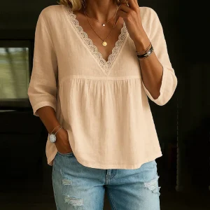Angel - Blusa elegante in pizzo con scollo a V e maniche 3/4