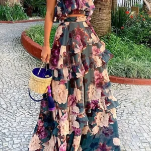 Leslie - Completo elegante con top corto a spalline e gonna ampia a balze