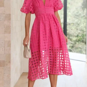 Notevole bellezza abito midi con maniche a sbuffo in tessuto a motivi quadrati