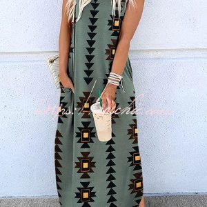 Celina - Maxi abito in maglia con stampa geometrica Hippie e tasche