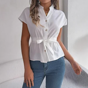 Rubyline - Blusa chic a maniche corte con bottoni e cintura annodata