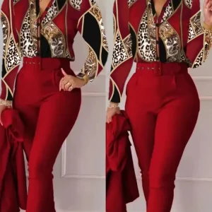 Edith - Completo da donna con top a maniche lunghe e pantaloni con scollo a V