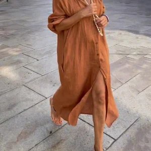 Abito Tinta Unita In Cotone E Lino Con Bottoni